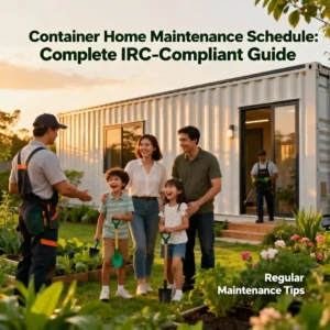 Welcoming container home with families and workers in a green garden setting, performing maintenance tasks for IRC-compliant home care schedule, visually appealing and modern feature photo.