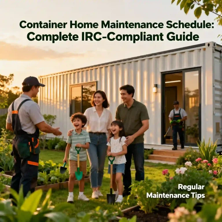 Welcoming container home with families and workers in a green garden setting, performing maintenance tasks for IRC-compliant home care schedule, visually appealing and modern feature photo.