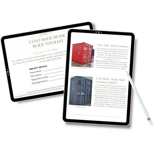 container home build toolkit workbook showing project details page and container types guide with red and blue shipping containers