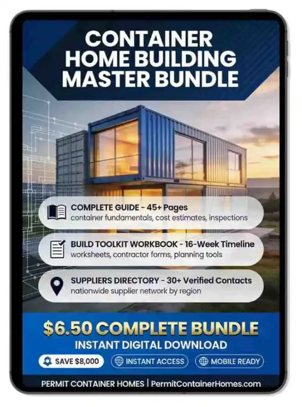 container home building master bundle on iPad showing modern container house with three component descriptions and pricing