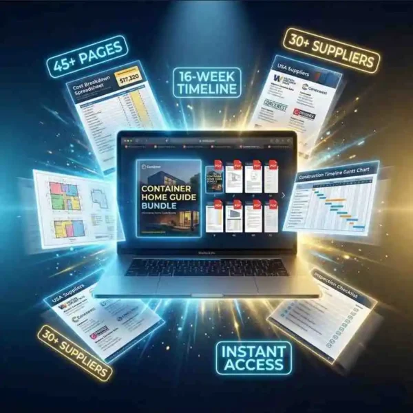 container home building master bundle showing exploded view of all PDFs with cost breakdown supplier list and timeline on laptop