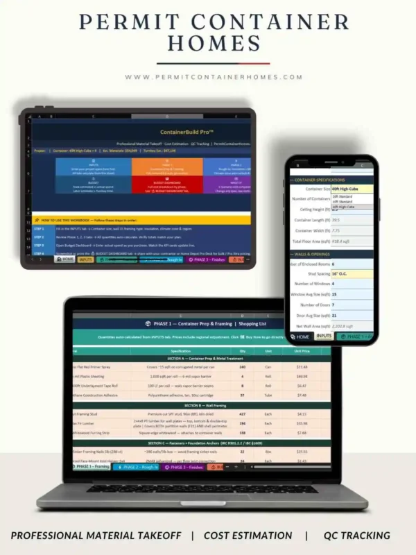 Complete container home building guide – Excel budget calculator, permit-ready plan preview, and 17-week timeline for USA builders