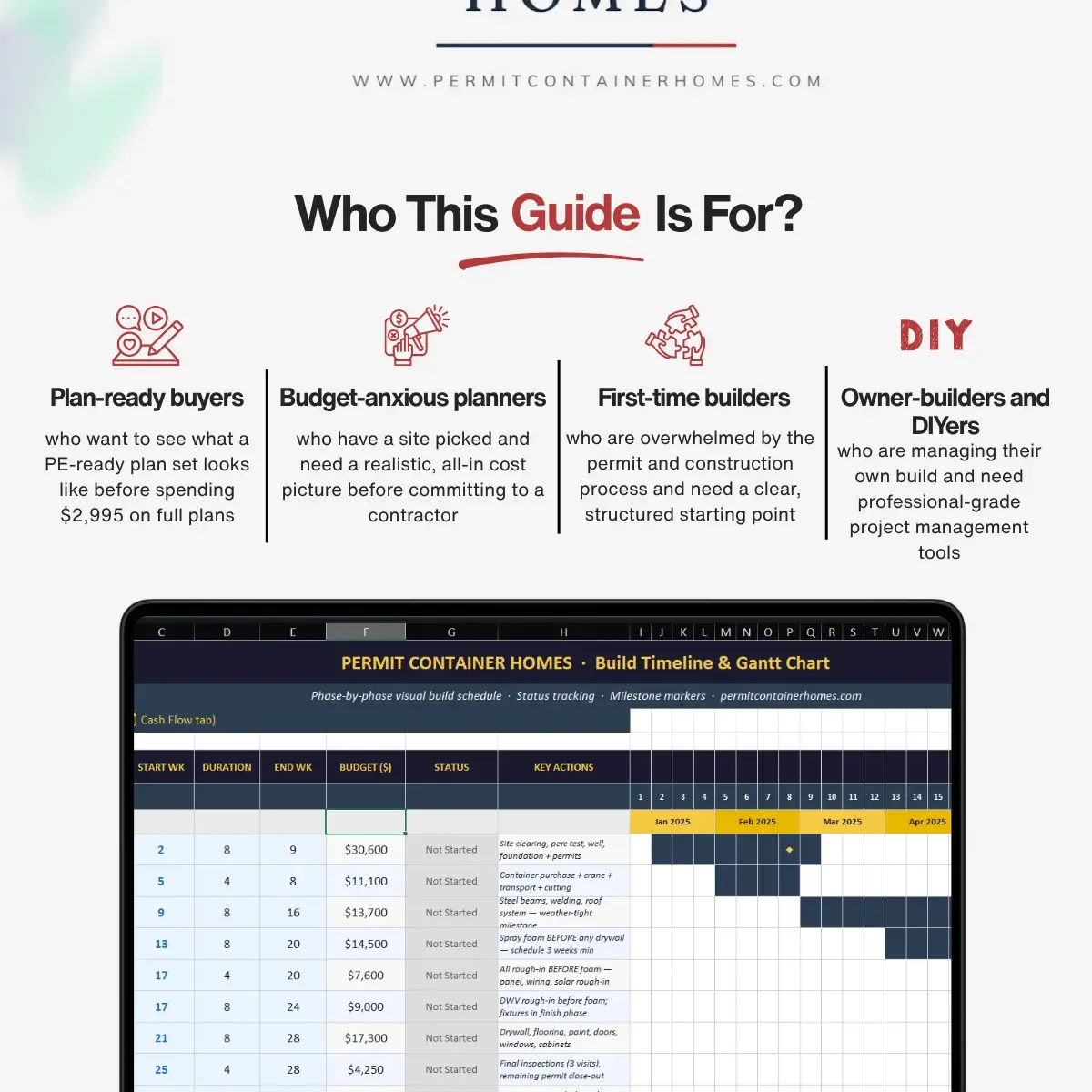 Complete container home building guide – Excel budget calculator, permit-ready plan preview, and 17-week timeline for USA builders