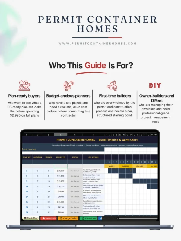 Complete container home building guide – Excel budget calculator, permit-ready plan preview, and 17-week timeline for USA builders