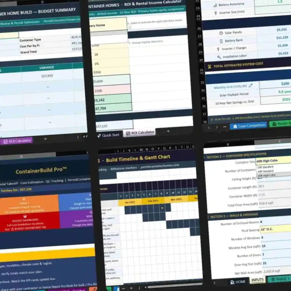 Complete container home building guide – Excel budget calculator, permit-ready plan preview, and 17-week timeline for USA builders