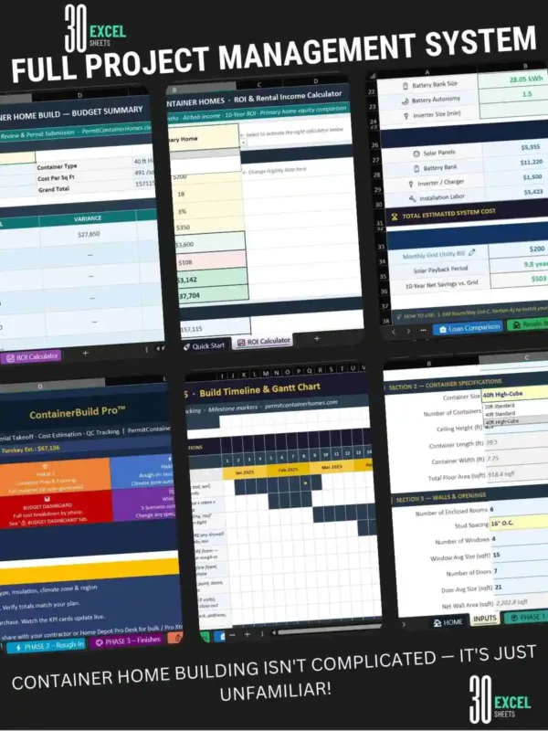 Complete container home building guide – Excel budget calculator, permit-ready plan preview, and 17-week timeline for USA builders
