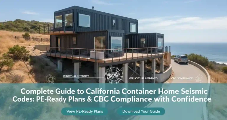A realistic photograph of a modern, multi-level black container home built into a sun-drenched California hillside overlooking the ocean. The home features extensive decking, large windows, and robust structural supports visible underneath, implying seismic readiness. A paved driveway leads to a parking area where a car is visible, ensuring practical access. An 'ENGINEER APPROVED' stamp and subtle structural integrity graphics are overlaid, reinforcing the guide's focus. The title 'Complete Guide to California Container Home Seismic Codes: PE-Ready Plans & CBC Compliance with Confidence' is displayed, representing a comprehensive resource for building earthquake-resistant container homes in California.