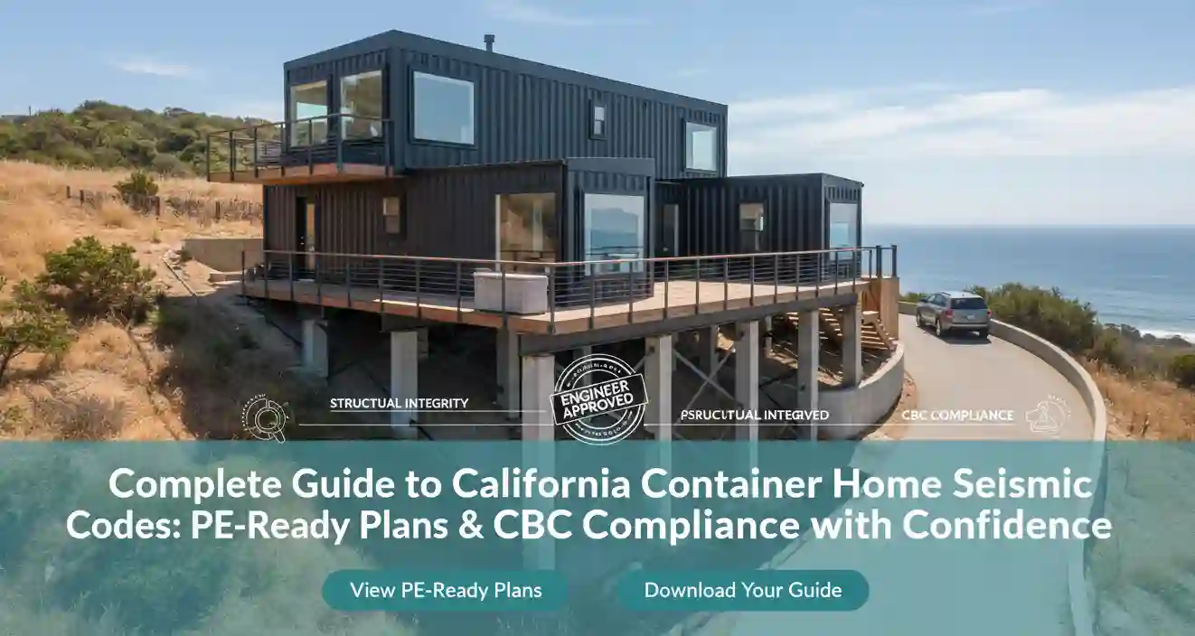 A realistic photograph of a modern, multi-level black container home built into a sun-drenched California hillside overlooking the ocean. The home features extensive decking, large windows, and robust structural supports visible underneath, implying seismic readiness. A paved driveway leads to a parking area where a car is visible, ensuring practical access. An 'ENGINEER APPROVED' stamp and subtle structural integrity graphics are overlaid, reinforcing the guide's focus. The title 'Complete Guide to California Container Home Seismic Codes: PE-Ready Plans & CBC Compliance with Confidence' is displayed, representing a comprehensive resource for building earthquake-resistant container homes in California.