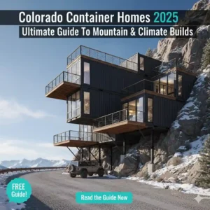 A stunning, multi-level container home built into the side of a snowy Colorado mountain, demonstrating climate-resilient construction. The home features large windows and expansive decks, with a winding mountain road leading to the property where an off-road vehicle is parked, signifying practical access. The title 'Colorado Container Homes 2025: Ultimate Guide To Mountain & Climate Builds' is overlaid, along with a 'FREE Guide!' badge and 'Read the Guide Now' button, representing a comprehensive resource for building container homes in challenging environments.