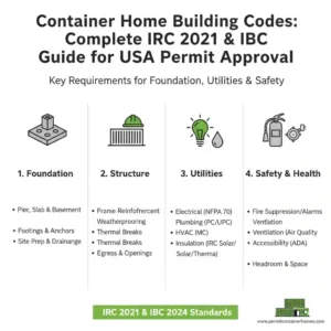 Infographic outlining key container home building codes and requirements for USA permit approval, referencing IRC 2021 and IBC standards. Categories include Foundation (pier, slab, basement), Structure (frame, weatherproofing, thermal breaks), Utilities (electrical, plumbing, HVAC, insulation), and Safety & Health (fire, ventilation, ADA, headroom). Visual icons represent each category. From PermitContainerHomes.com