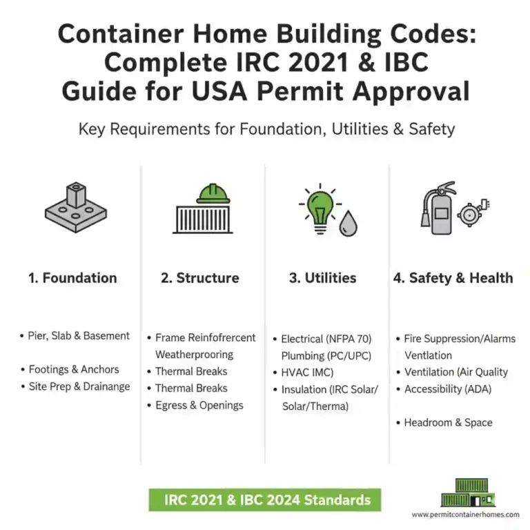 Infographic outlining key container home building codes and requirements for USA permit approval, referencing IRC 2021 and IBC standards. Categories include Foundation (pier, slab, basement), Structure (frame, weatherproofing, thermal breaks), Utilities (electrical, plumbing, HVAC, insulation), and Safety & Health (fire, ventilation, ADA, headroom). Visual icons represent each category. From PermitContainerHomes.com