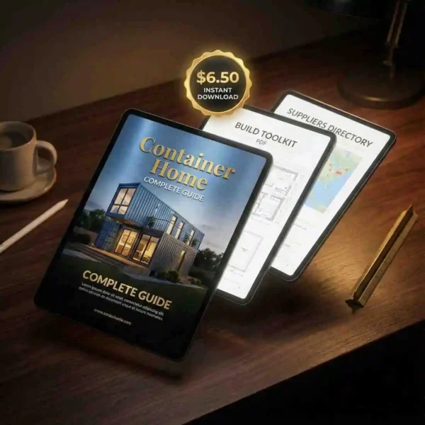 container home ebook bundle displayed on three tablets showing complete guide build toolkit and suppliers directory