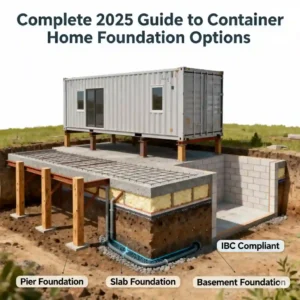 Illustrative diagram of a container home showcasing three main foundation options: a raised pier foundation, a reinforced concrete slab foundation with insulation and plumbing, and a basement foundation. This visual guide explains IBC compliant foundation types for container homes in 2025, covering pier, slab, and basement.