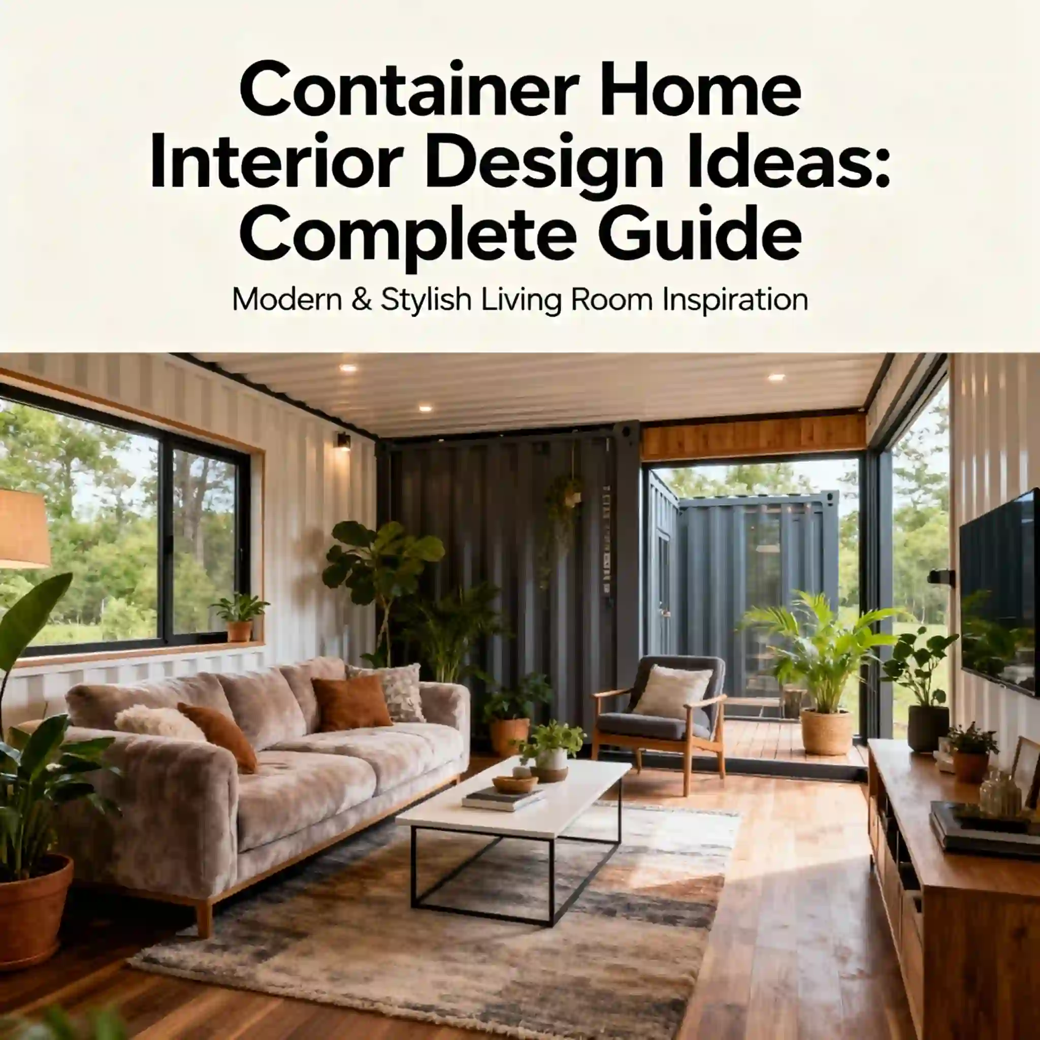 Modern container home interior design featuring an open living room, kitchen, and dining area with natural light, wood accents, and space-saving furniture. Includes real pricing and room layouts for USA container homes, presented by PermitContainerHomes.com