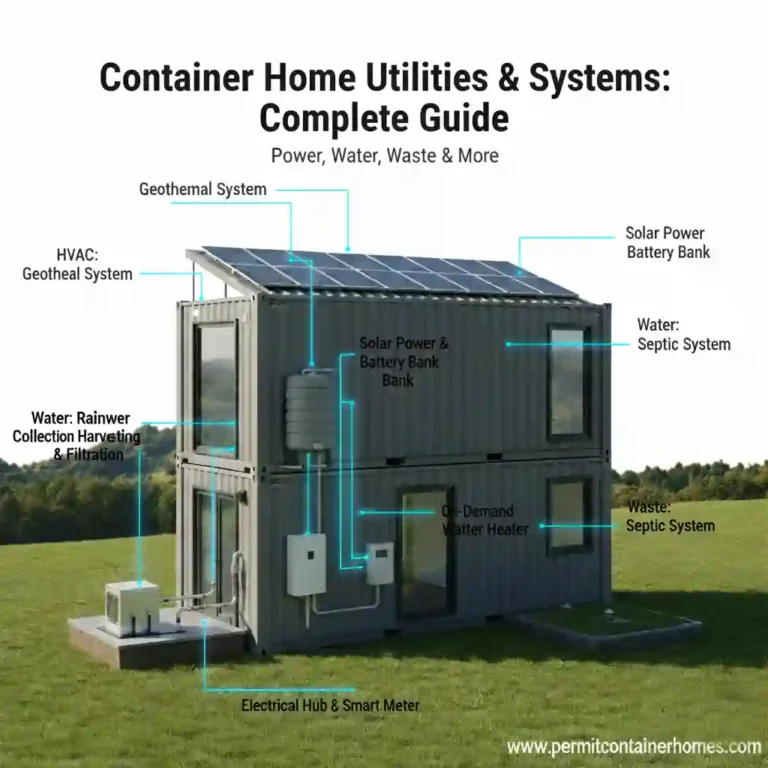 Diagram of a modern container home illustrating key utility systems: solar power with battery bank, geothermal HVAC, rainwater harvesting, on-demand water heater, and septic waste system. This visual guide covers plumbing, electrical, HVAC, and off-grid solutions for a 2025 container home, provided by PermitContainerHomes.com