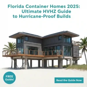 A modern, two-story container home with large windows and multiple decks, prominently built on robust stilts on a sandy beach with palm trees, signifying a hurricane-proof design suitable for Florida's HVHZ (High-Velocity Hurricane Zone). The home stands against a clean white background. The title 'Florida Container Homes 2025: Ultimate HVHZ Guide to Hurricane-Proof Builds' is overlaid, along with a 'FREE Guide!' badge and 'Read the Guide Now' button, representing an essential resource for safe and resilient container home construction in hurricane-prone regions.