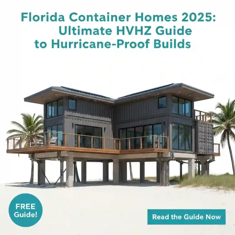 A modern, two-story container home with large windows and multiple decks, prominently built on robust stilts on a sandy beach with palm trees, signifying a hurricane-proof design suitable for Florida's HVHZ (High-Velocity Hurricane Zone). The home stands against a clean white background. The title 'Florida Container Homes 2025: Ultimate HVHZ Guide to Hurricane-Proof Builds' is overlaid, along with a 'FREE Guide!' badge and 'Read the Guide Now' button, representing an essential resource for safe and resilient container home construction in hurricane-prone regions.