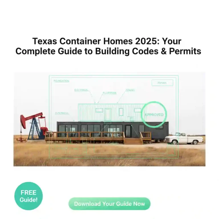 A modern container home with a wooden deck situated in a Texas field with an oil pumpjack and a classic pickup truck, viewed against a pure white background. An overlay features a glowing green 'APPROVED' stamp and a blueprint-style diagram outlining key building aspects like 'Foundation,' 'Electrical,' 'Zoning,' and 'Plumbing.' The title 'Texas Container Homes 2025: Your Complete Guide to Building Codes & Permits' is prominently displayed in red, alongside a 'FREE Guide!' badge and 'Download Your Guide Now' button, representing a comprehensive resource for navigating Texas-specific container home regulations.