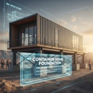 Modern shipping container home on a robust foundation, with construction workers and a holographic overlay displaying "Container Home Foundation: The Ultimate 2025 Guide to Code | International Building Code | Residential Code Engineering Standards." The image emphasizes compliance and future-ready construction.