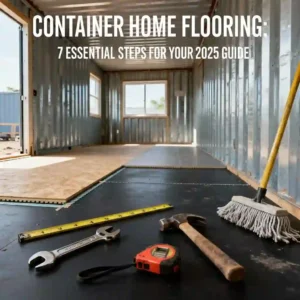 Container home flooring installation infographic showing 7 essential steps: preparation, choosing materials, moisture control, insulation, measurement, installation, and maintenance with tool icons on shipping container floor