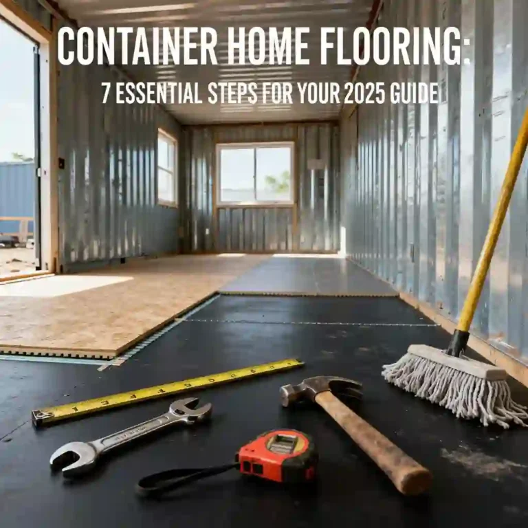 Container home flooring installation infographic showing 7 essential steps: preparation, choosing materials, moisture control, insulation, measurement, installation, and maintenance with tool icons on shipping container floor