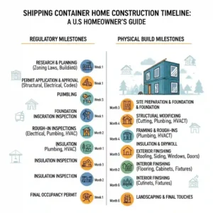 Infographic detailing the sequential phases of a container home construction timeline, from permitting to final inspection and move-in.