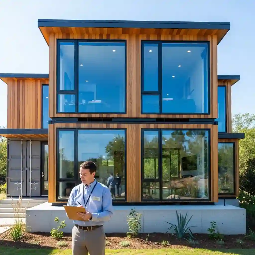 A beautiful modern container home being inspected by a professional home appraiser, highlighting the factors that determine container home resale value.