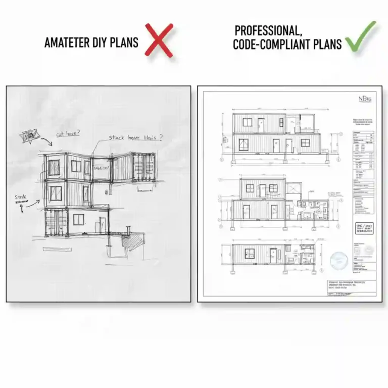 A split image showing a messy, hand-drawn DIY blueprint on one side and a clean, professionally engineered, permit-ready container home plan on the other.