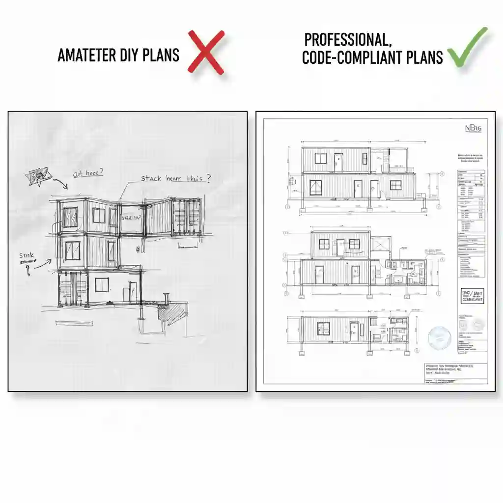 A split image showing a messy, hand-drawn DIY blueprint on one side and a clean, professionally engineered, permit-ready container home plan on the other.