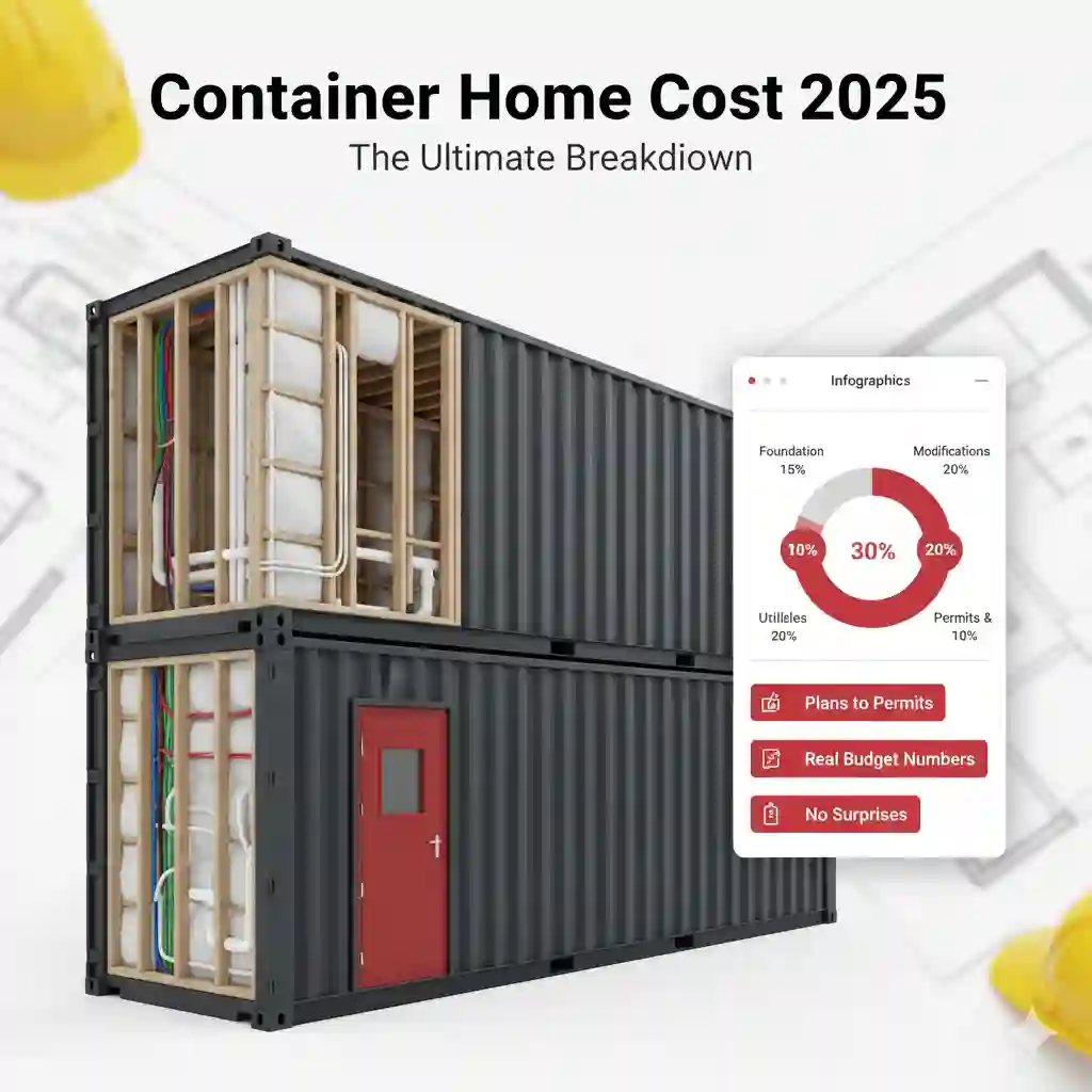 Detailed infographic showing 2025 container home construction costs with modern shipping container house, interior cutaway view of framing and insulation, and budget breakdown pie chart