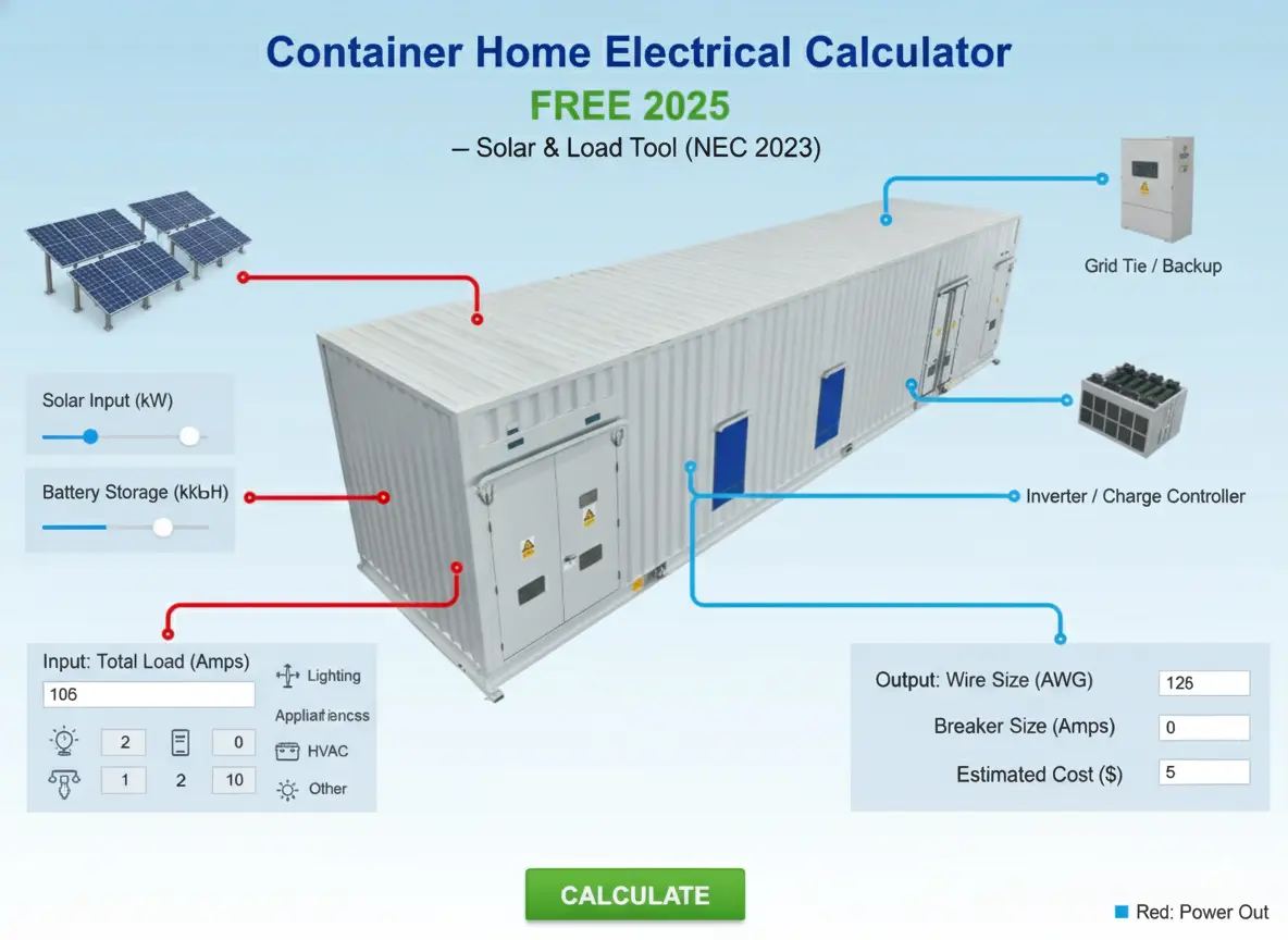 Container Home Electrical Calculator FREE 2025 – Solar & Load Tool with inputs for solar, battery, and load, and outputs for wire size, breaker size, and estimated cost, illustrating a complete off-grid or hybrid container home power system based on NEC 2023.