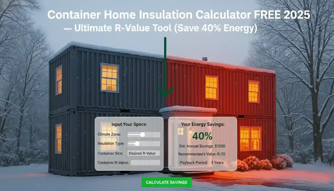 A winter scene showing a two-story container home split into two halves, visually demonstrating insulation effectiveness. The left half appears normally cold, while the right half glows red, indicating significant heat loss from poor insulation. Overlayed are a calculator input panel for 'Climate Zone,' 'Insulation Type,' 'Container Size,' and 'Desired R-Value,' and an output panel showing 'Your Energy Savings: 40%,' estimated annual savings, recommended R-Value, and payback period. The title 'Container Home Insulation Calculator FREE 2025 — Ultimate R-Value Tool (Save 40% Energy)' is prominently displayed, representing a tool for calculating insulation needs and energy savings for container homes.