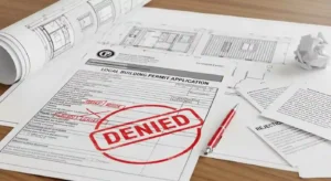 A blueprint and permit application for a container home on a desk, highlighting common container home permit mistakes related to code and zoning.