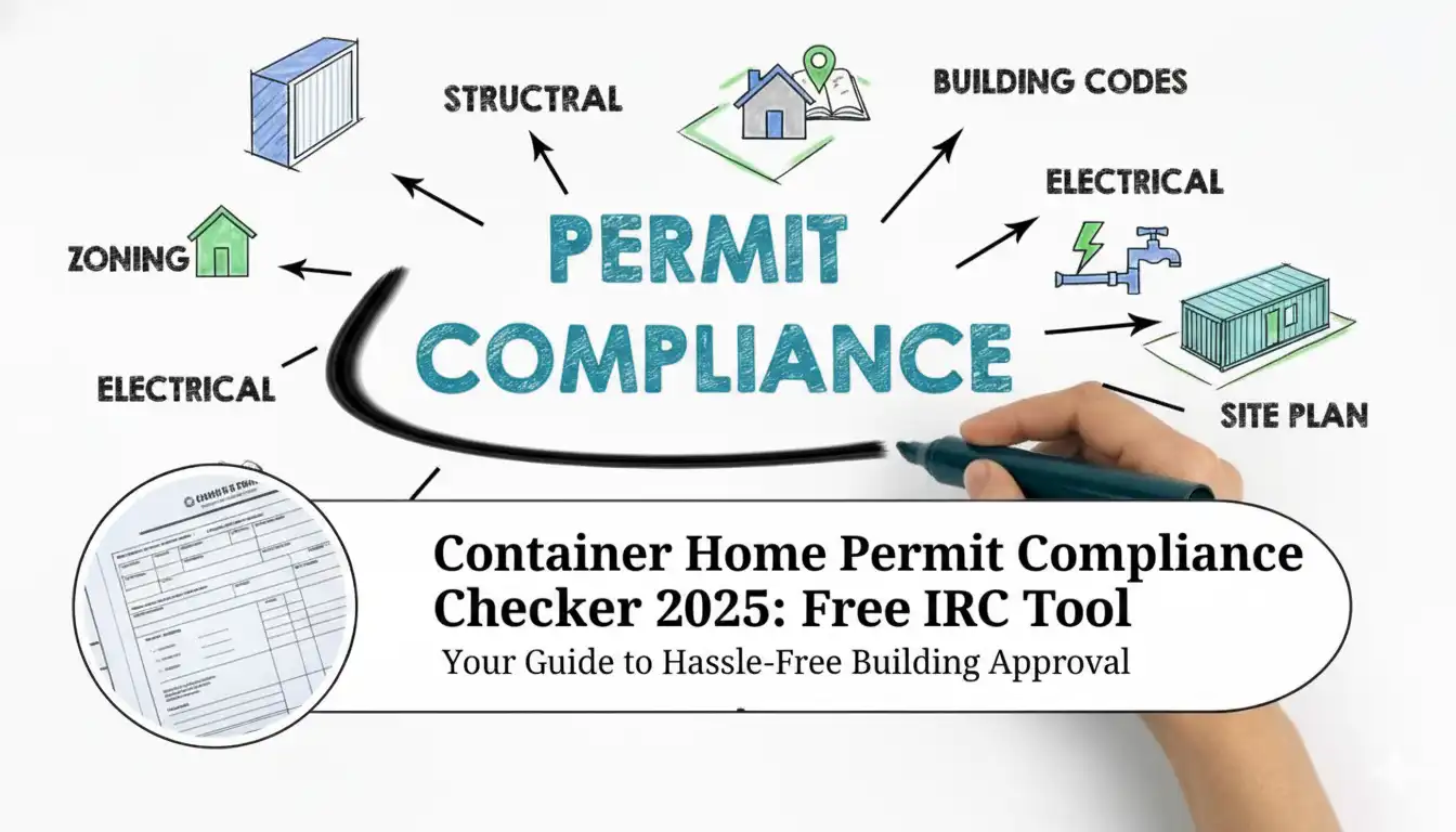 An interactive mind map graphic showcasing a 'Permit Compliance' diagram with related elements like Zoning, Structural, Building Codes, Electrical, and Site Plan, being drawn by a hand with a marker. An overlay features the text 'Container Home Permit Compliance Checker 2025: Free IRC Tool - Your Guide to Hassle-Free Building Approval,' with a container home permit application form visible on the left. This visual represents an easy solution for container home builders.