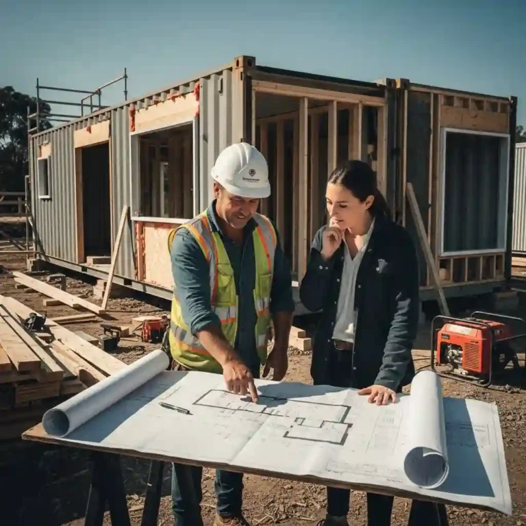 A professional container home builder and a client reviewing a set of permit-ready blueprints on a construction site with a container home in the background.