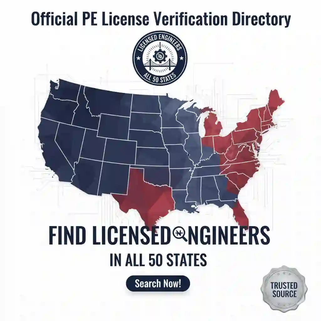 PE license verification directory map showing all 50 US states with licensed engineers badge and search button for container home builders