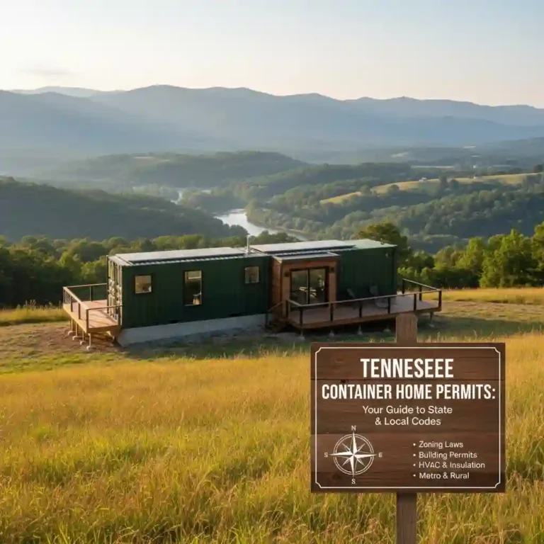 A comprehensive guide to building Tennessee container homes, showing a code-compliant home in a field and explaining state permitting, zoning, and IRC requirements.