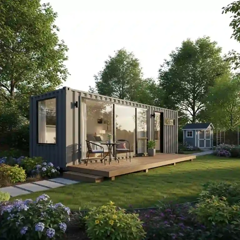 A modern, 40ft 1 bedroom container home plan with a wood deck, used as a backyard ADU.