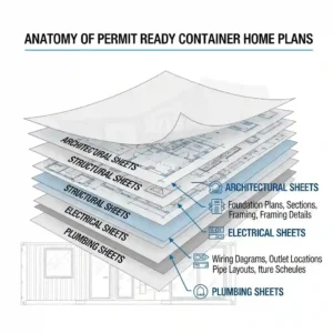 Detailed diagram showing the components of permit ready container home plans, including architectural, structural, electrical, and plumbing sheets required for city submission.