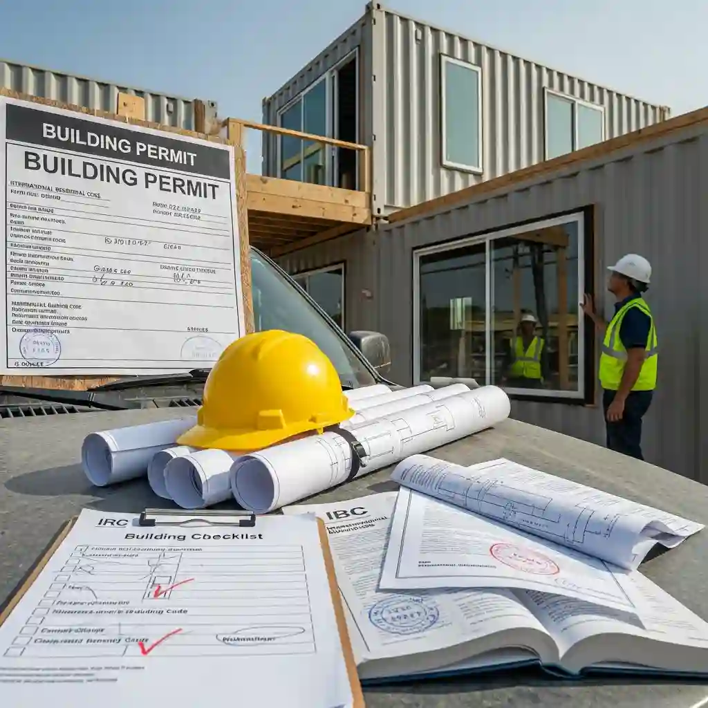Container home building codes and permits documentation with blueprints and inspection checklist