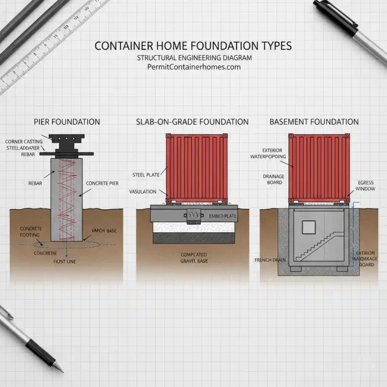 Comparison of pier, slab, and basement container home foundations with reinforcement details.