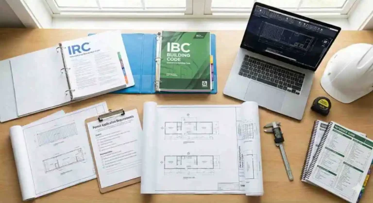 Container home resource guide showing planning documents, blueprints, IRC code books, and permit checklists