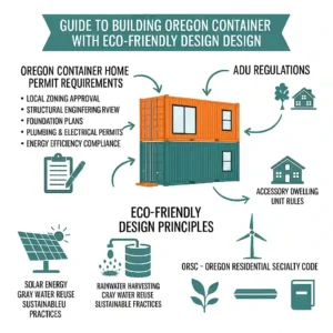 A detailed guide to building legal and eco-friendly Oregon container homes, showing a diagram of permit requirements and ADU rules.