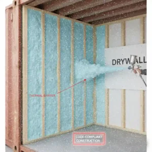 A detailed cutaway view of container home insulation, showing the steel wall, spray foam, wood studs, and interior drywall, demonstrating a code-compliant thermal barrier.