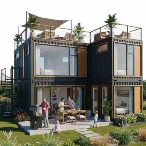 A modern, multi-container 3 bedroom container home plan realized, featuring large windows, a family on the patio, and a spacious rooftop deck.