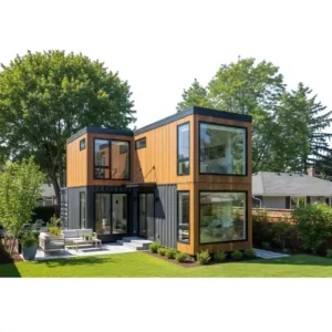 A luxury container home adu with wood cladding and large windows serving as a rental unit.