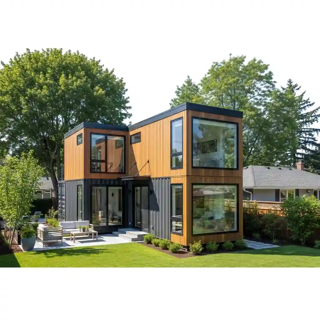 A luxury container home adu with wood cladding and large windows serving as a rental unit.