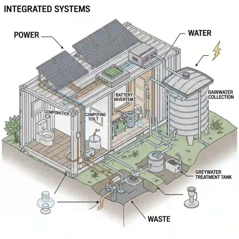 Off grid container home with solar panels and rainwater collection