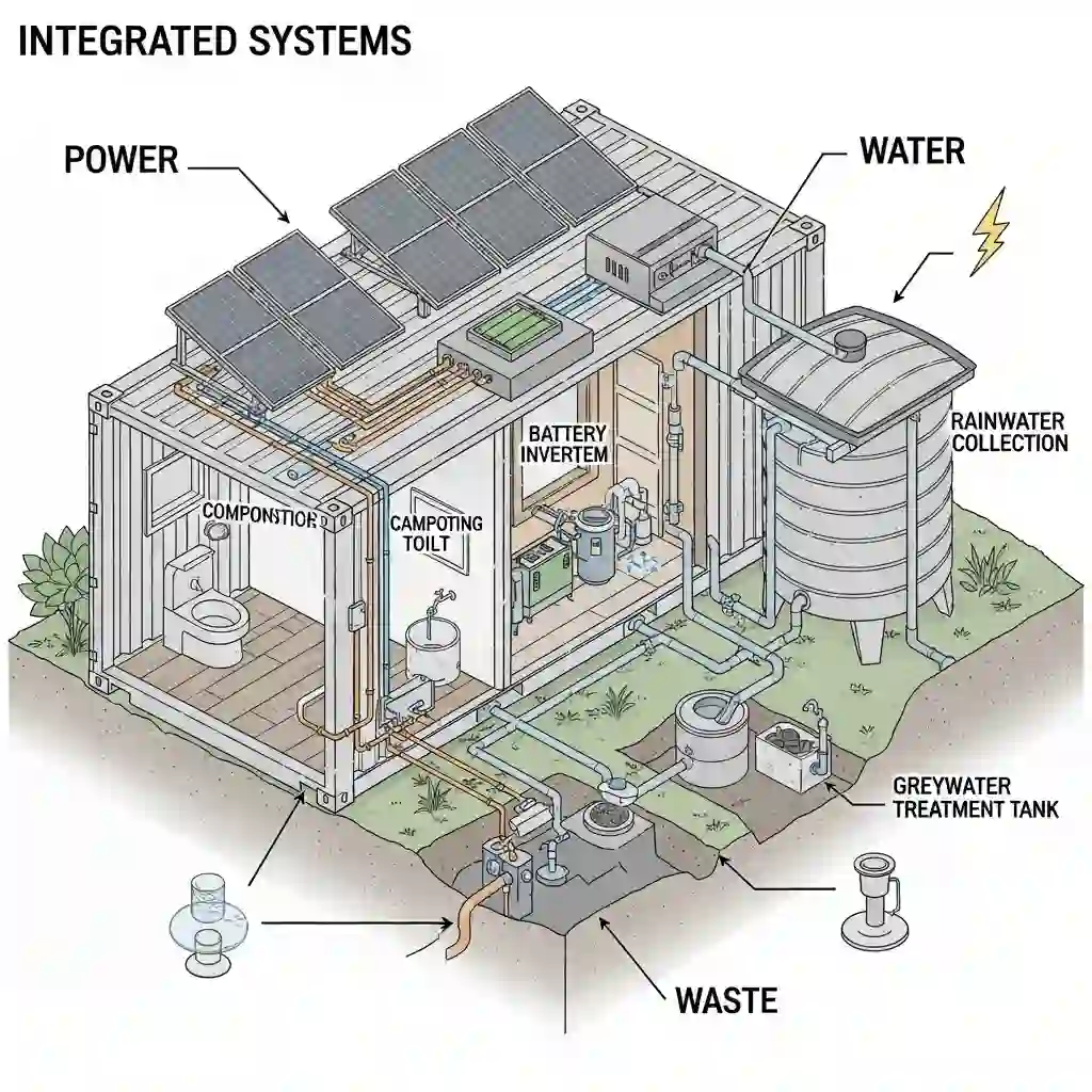 Off grid container home with solar panels and rainwater collection