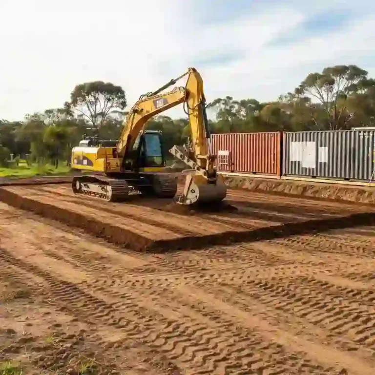 Container home site preparation with excavator grading level building pad